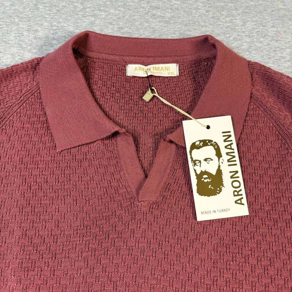Aron Imani Mens XXL Sweater Polo Textured Knit V-Neck Plum Short Sleeve NWT